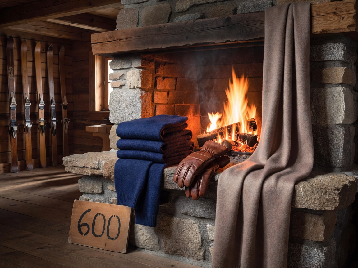 Chalet fireside display with merino wool thermals, leather ski gloves, and cashmere scarf
