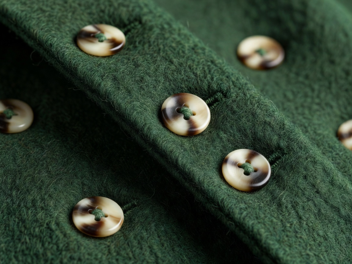 Close-up of thick felted Austrian loden wool fabric and horn buttons