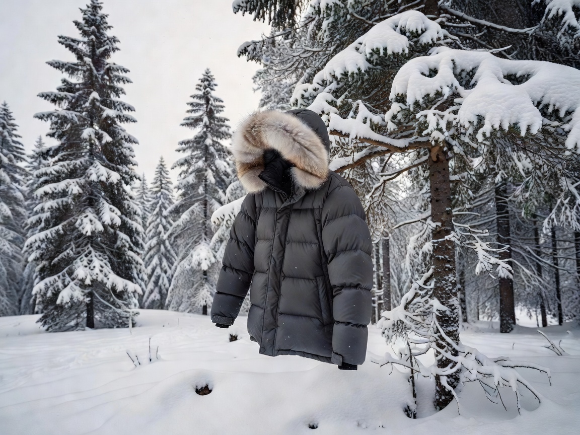 Heavy down-filled winter parka against snowy forest backdrop in Austria