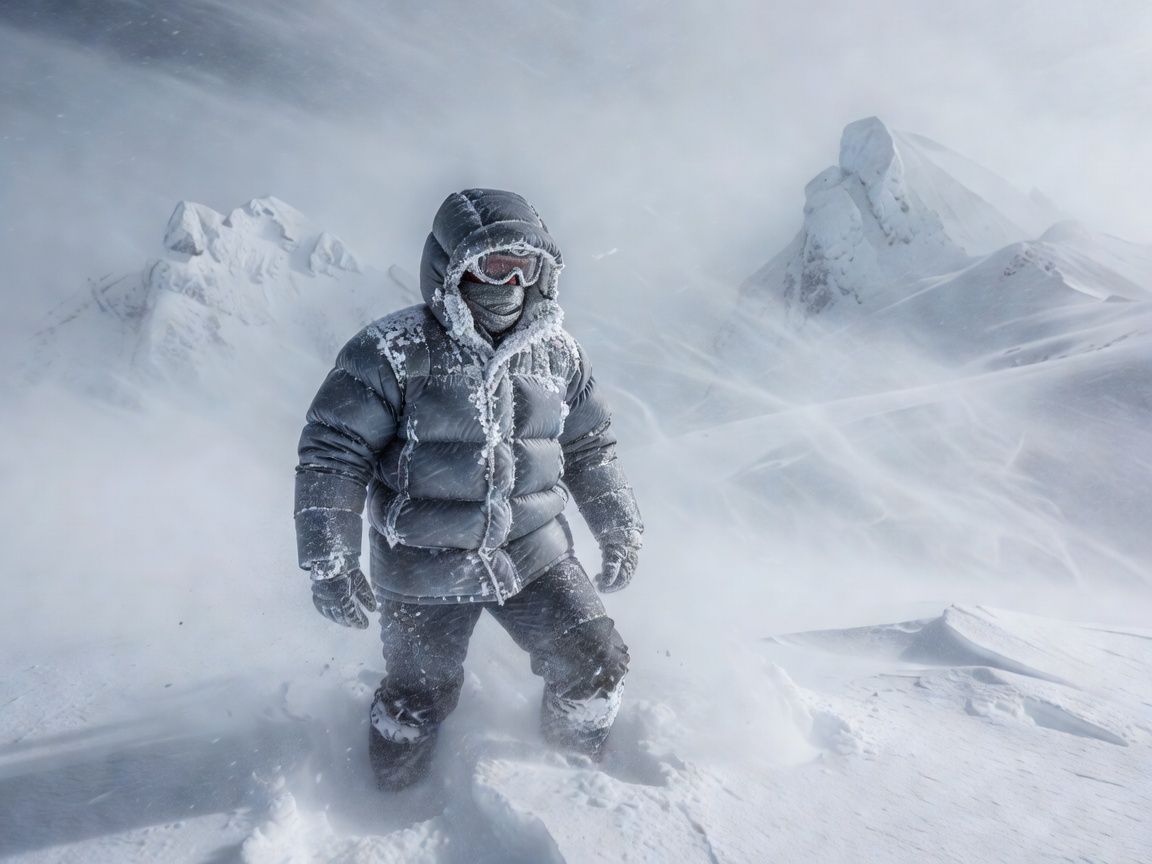 Heavy duty expedition down parka standing in driving snow at high altitude