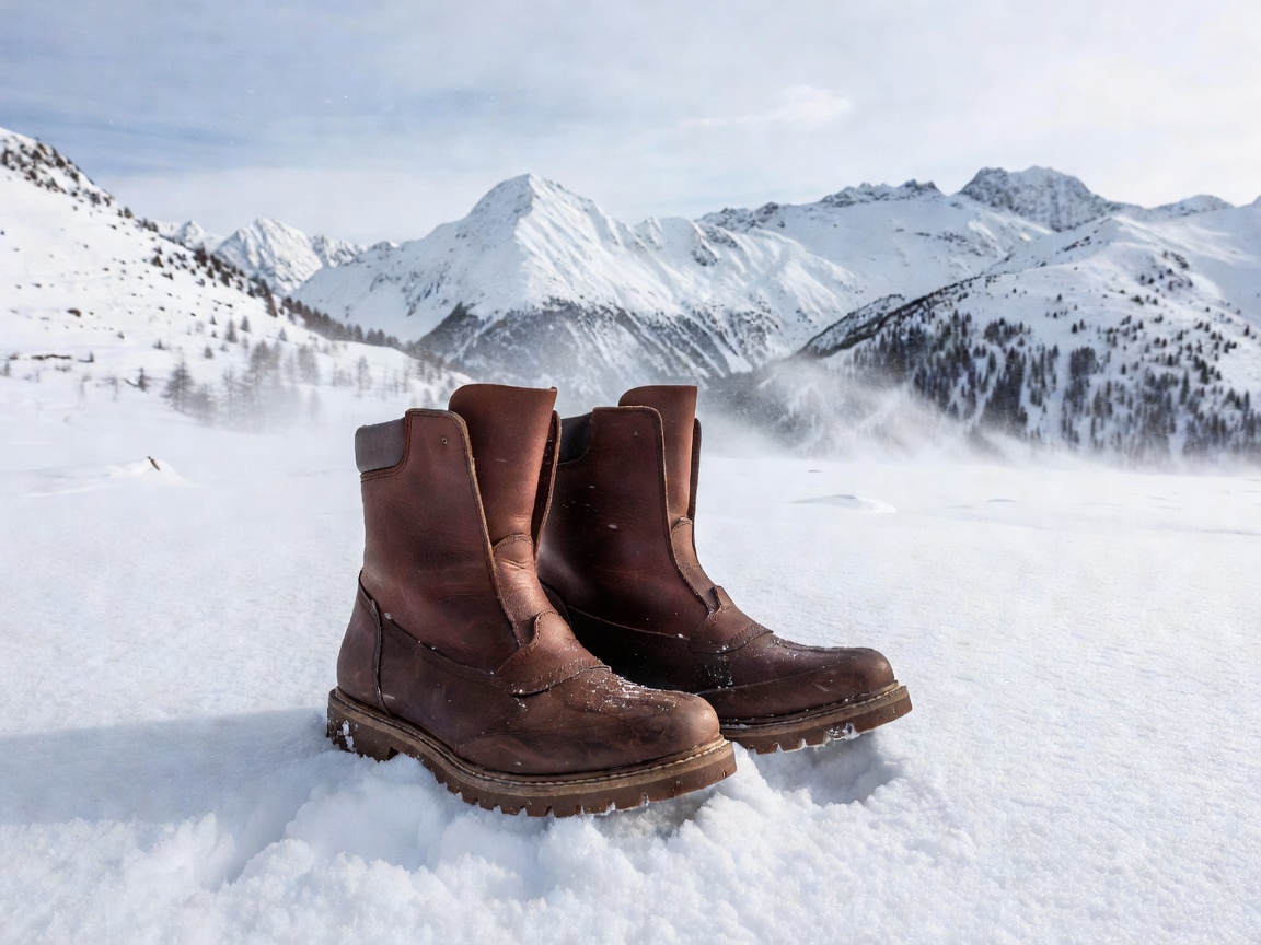 Pair of heavy lugged leather winter snow boots resting on powdered snow in Austria