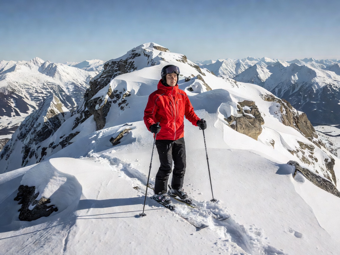 Technical mountain skier in red jacket on Austrian alpine summit