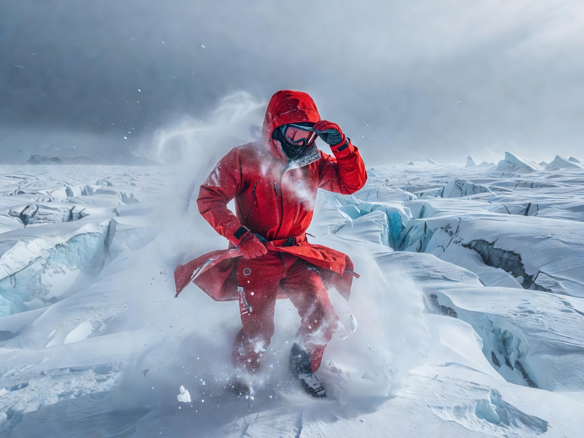 Technical red ski jacket being tested on windblown glacier pass