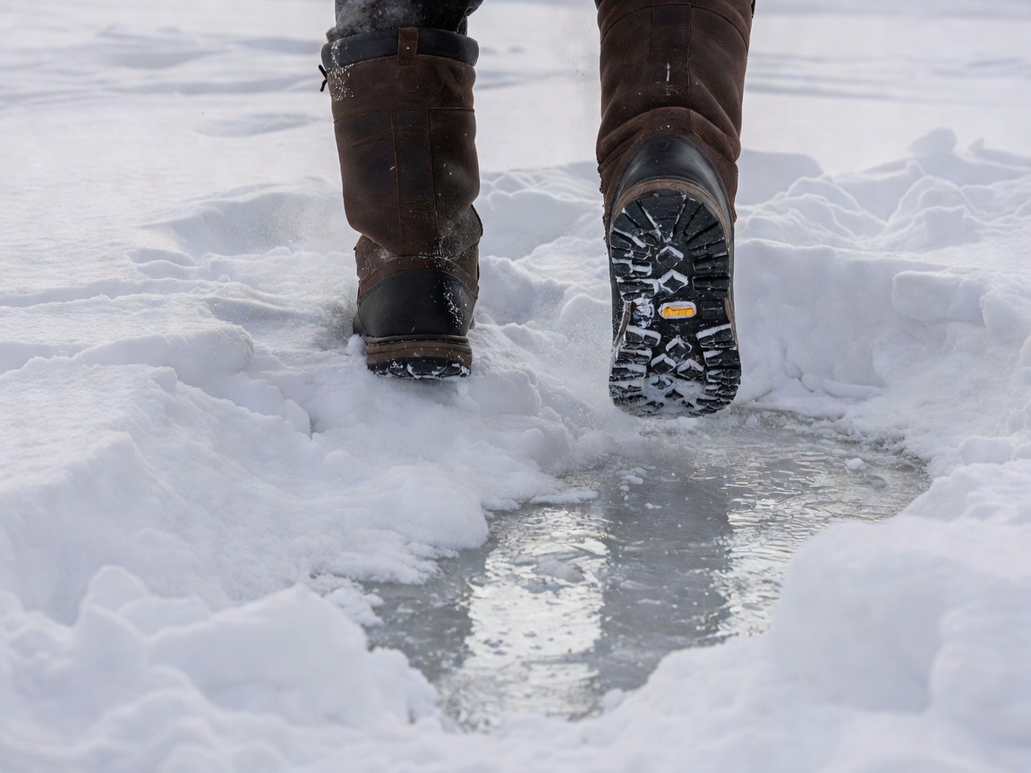 Vibram soled leather winter boots walking on ice and deep snow